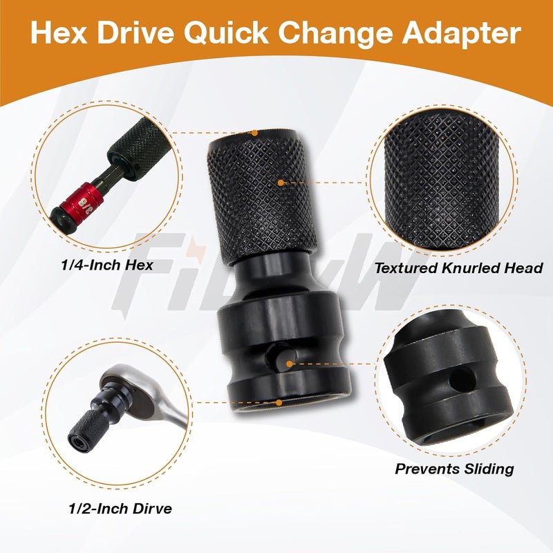 FWW 1/2-Inch Drive to 1/4-Inch Hex Drive Quick Change Adapter with Impact Grade Socket Adapter Set, Socket Adapter Converter Chuck Adapter for Impact Air and Electric Wrench - Image 3